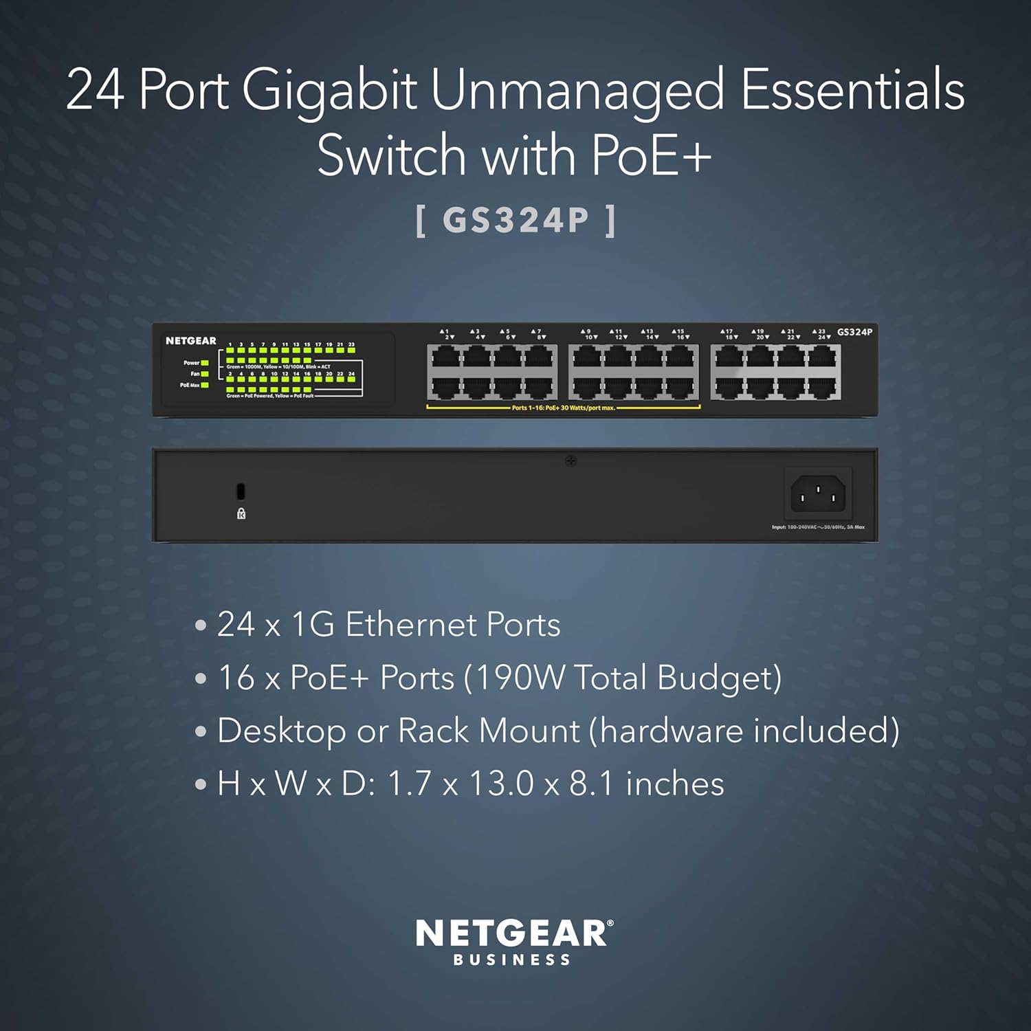 NETGEAR 24 Port PoE Switch Unmanaged – 24 Port PoE Gigabit Switch with 16 PoE+ Ports (190W)