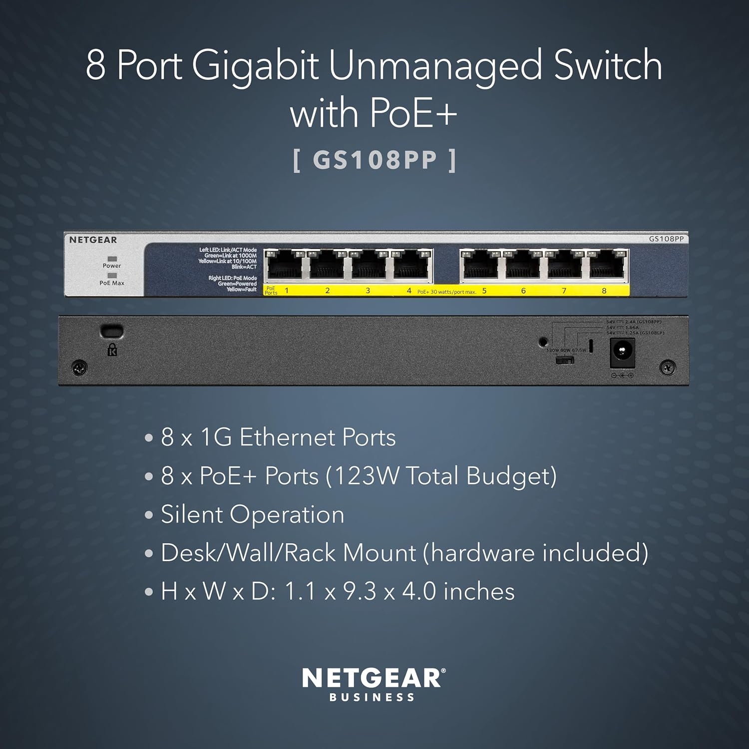 NETGEAR 8-Port Gigabit Ethernet Unmanaged PoE Switch (GS108PP) - with 8 x PoE+ @ 123W Upgradeable