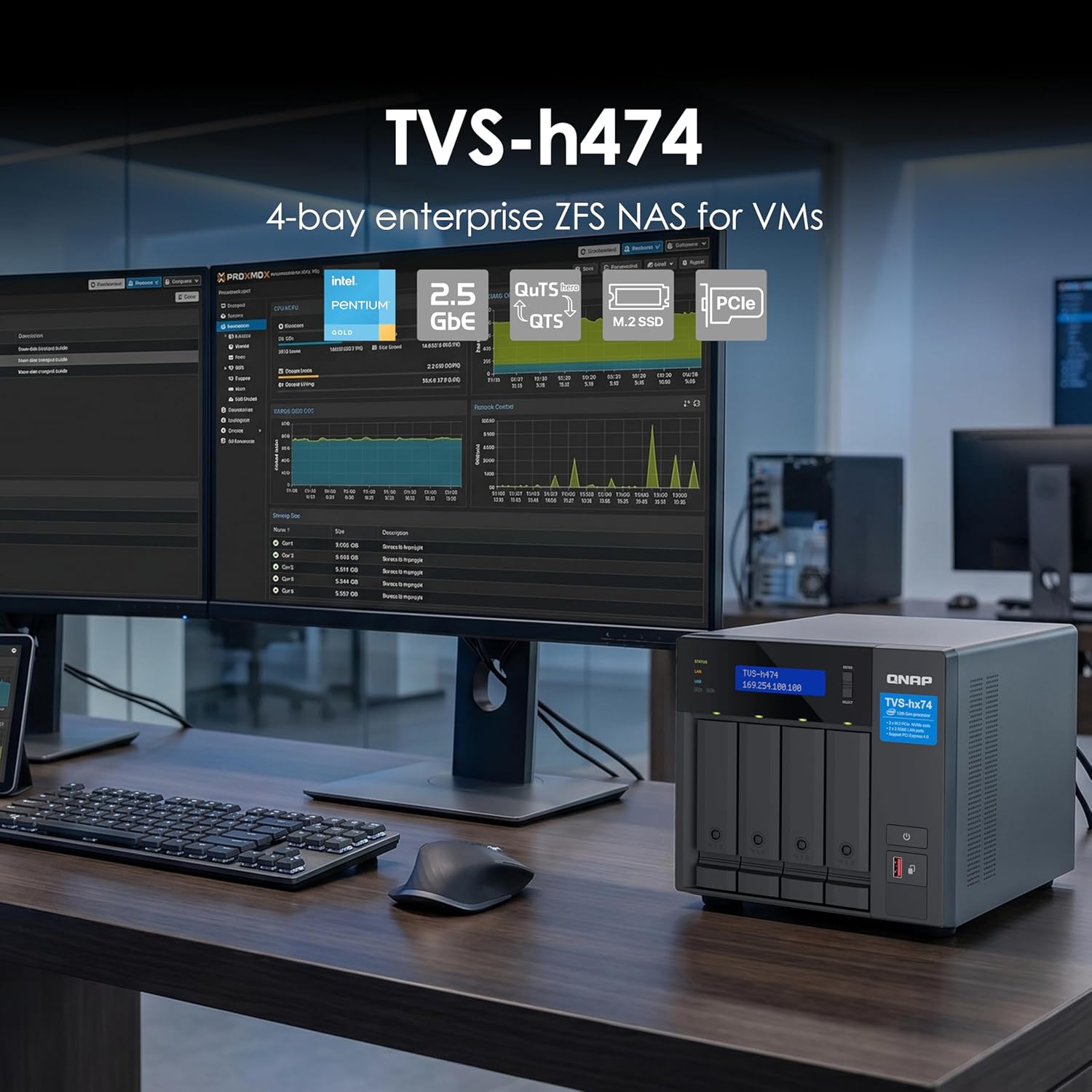 QNAP TVS-h474-PT-8G-US 4 Bay High-Speed Desktop NAS with Intel Pentium Gold 2-core CPU